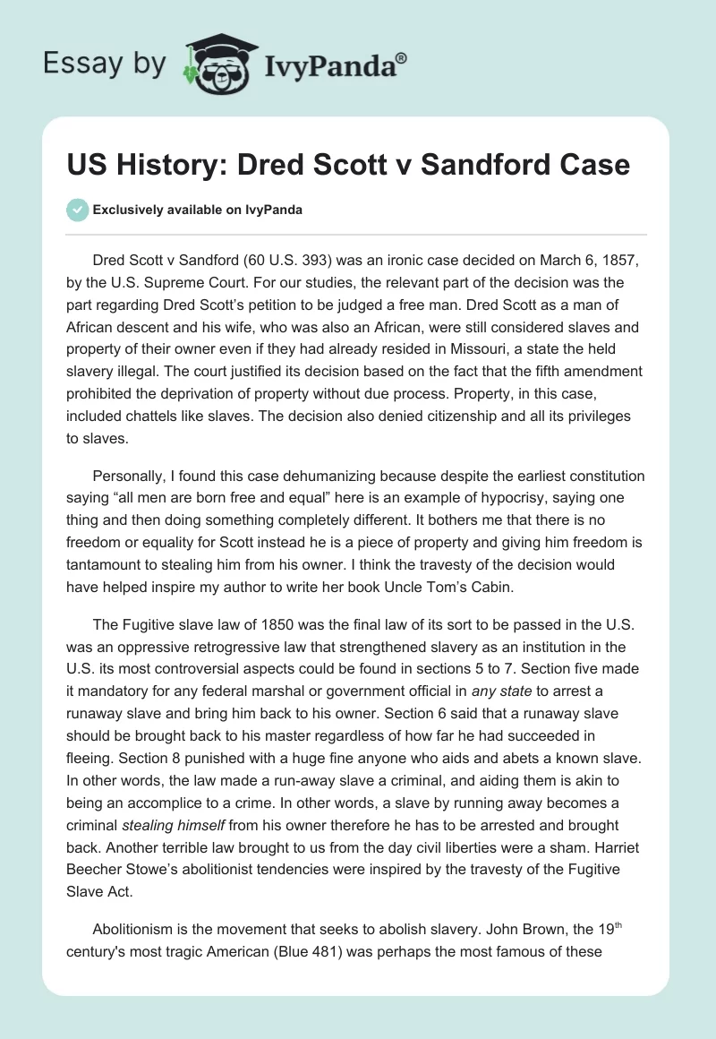 US History: Dred Scott v Sandford Case. Page 1