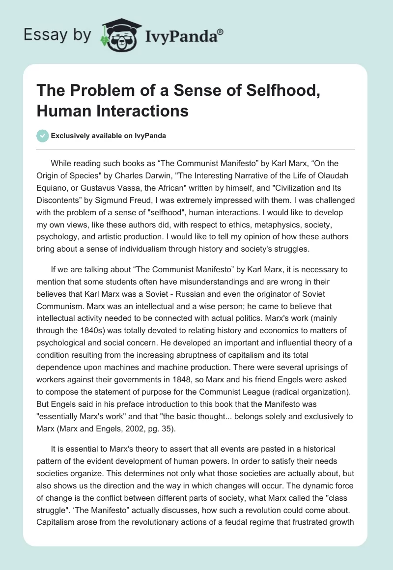 The Problem of a Sense of "Selfhood", Human Interactions. Page 1