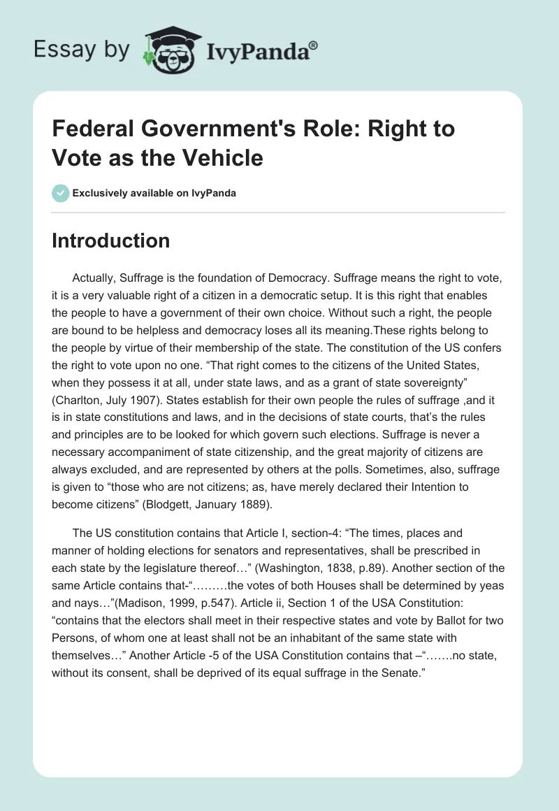 Federal Government's Role: Right to Vote as the Vehicle. Page 1