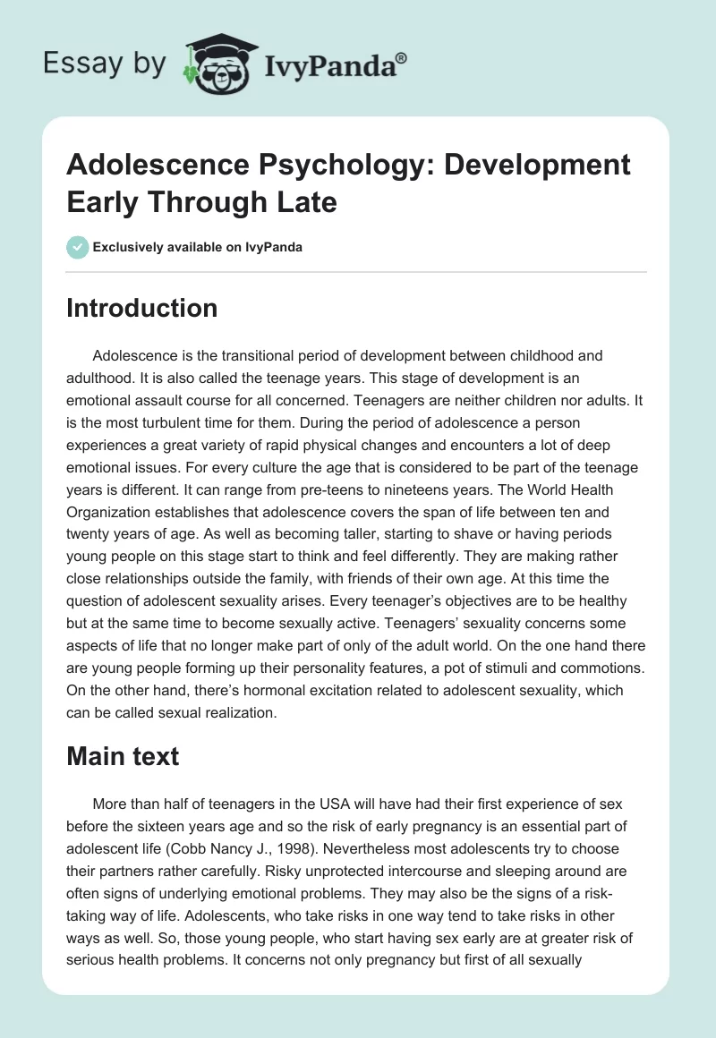 Adolescence Psychology: Development Early Through Late. Page 1