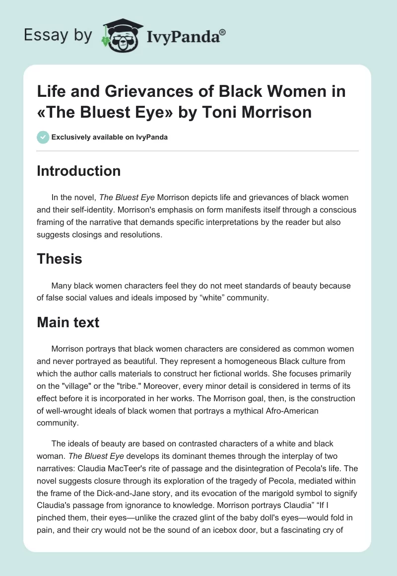 essay topics on the bluest eyes