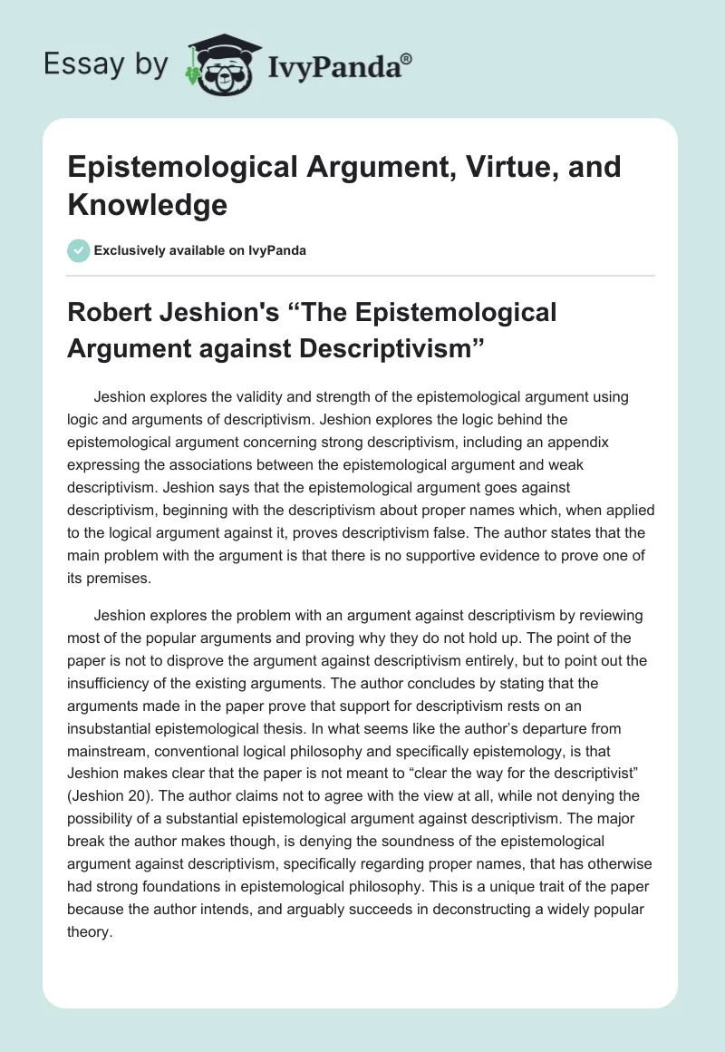 Epistemological Argument, Virtue, and Knowledge. Page 1