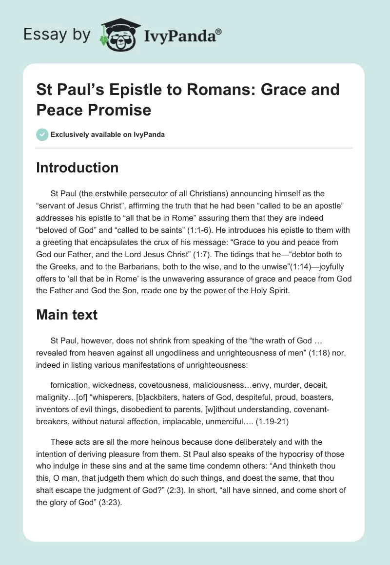 St Paul’s Epistle to Romans: Grace and Peace Promise. Page 1