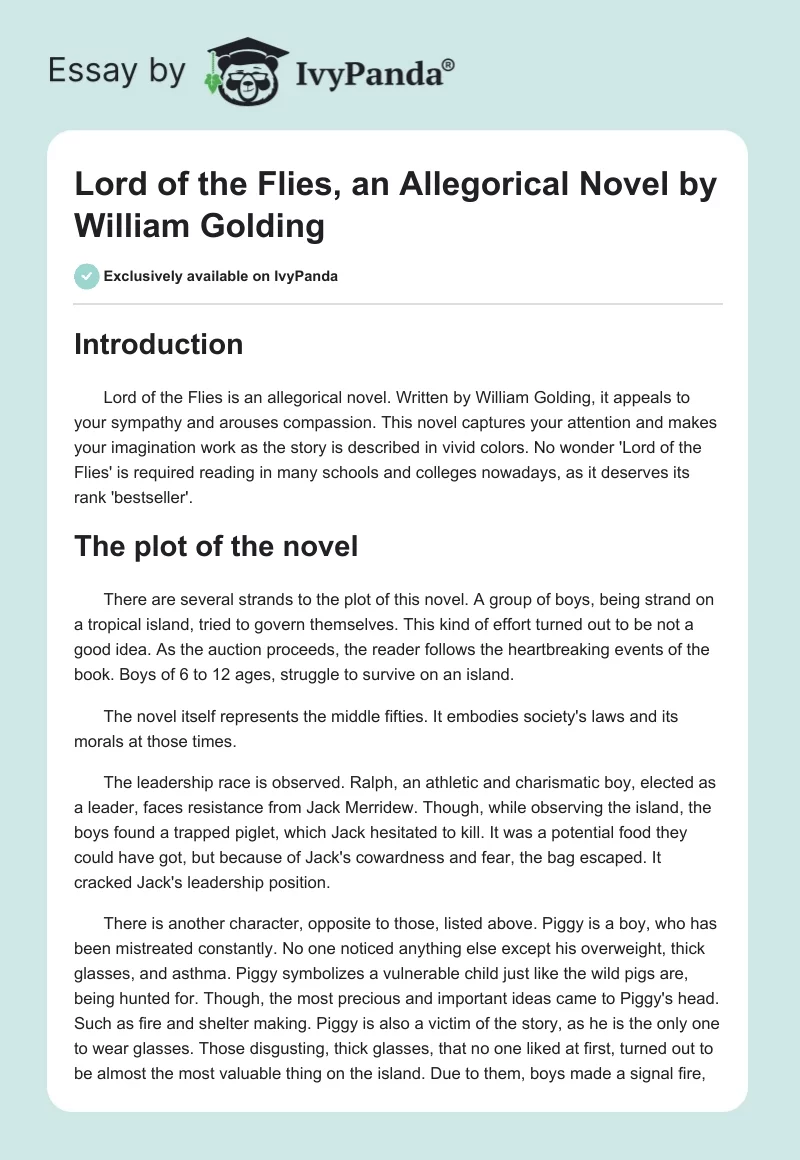 Lord of the Flies, an Allegorical Novel by William Golding. Page 1