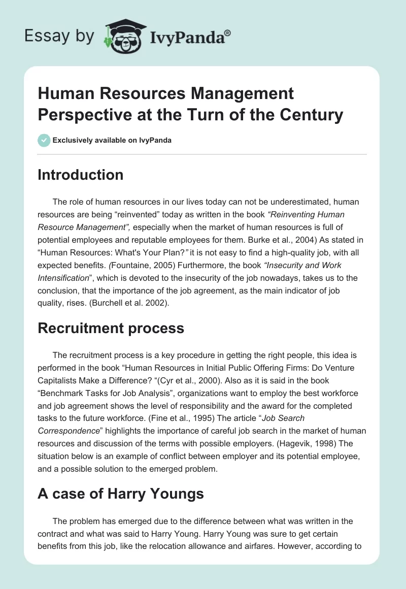 Human Resources Management Perspective at the Turn of the Century. Page 1