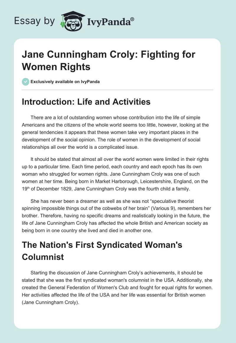 Jane Cunningham Croly: Fighting for Women Rights. Page 1