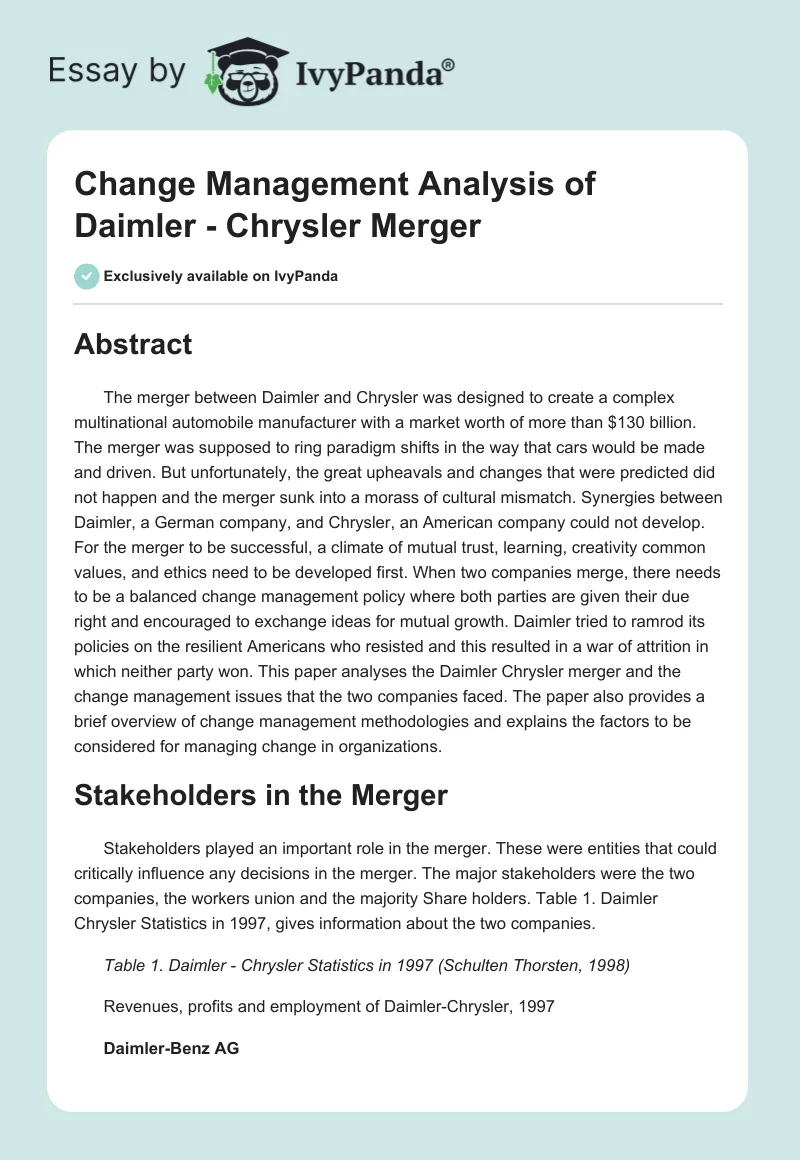 Change Management Analysis of Daimler - Chrysler Merger. Page 1