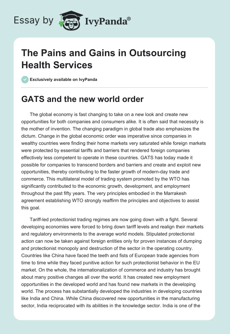 The Pains and Gains in Outsourcing Health Services. Page 1