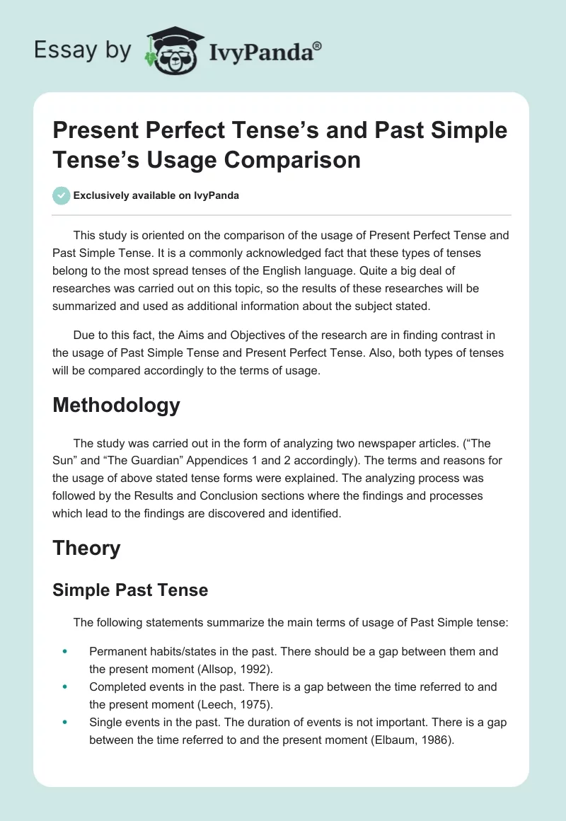 Present Perfect Tense’s and Past Simple Tense’s Usage Comparison. Page 1