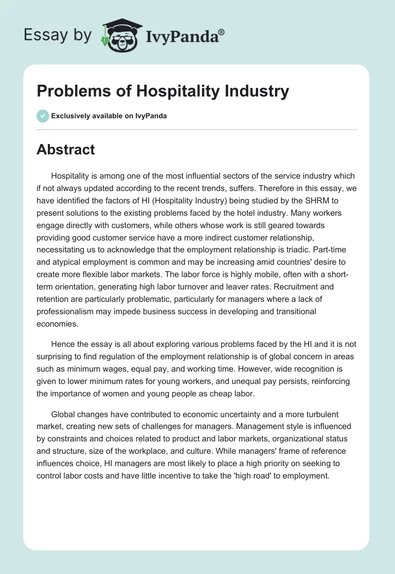 Problems of Hospitality Industry. Page 1