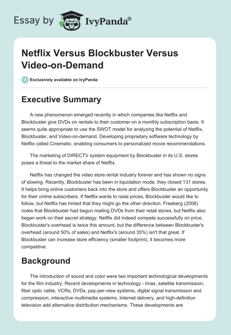 Netflix versus Blockbuster versus Video-on-Demand