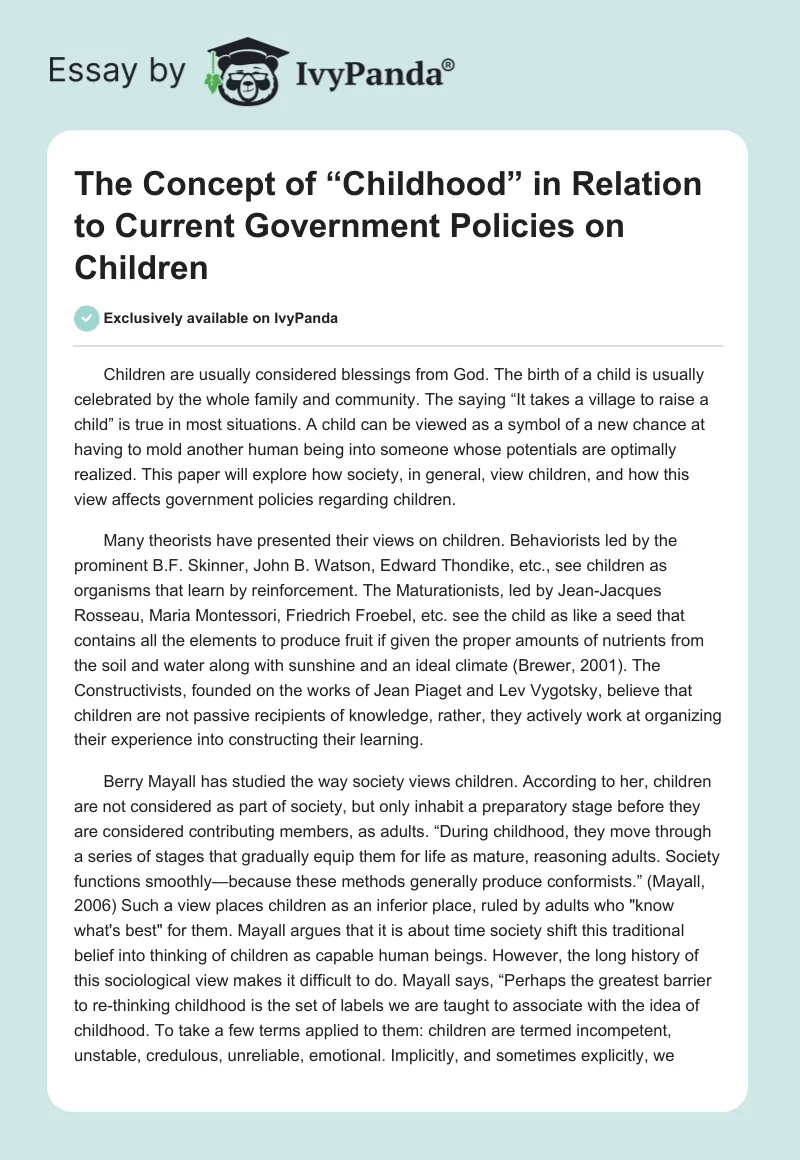 The Concept of “Childhood” in Relation to Current Government Policies on Children. Page 1