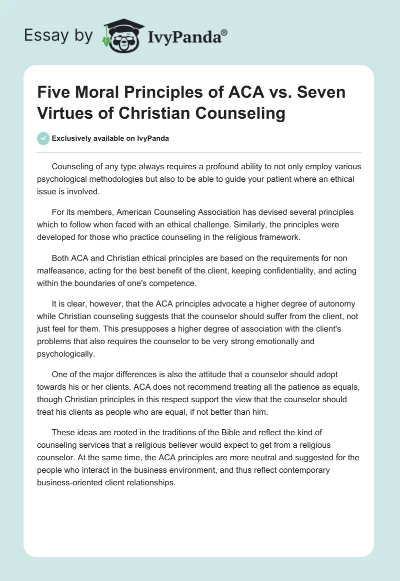 Five Moral Principles of ACA vs. Seven Virtues of Christian Counseling. Page 1