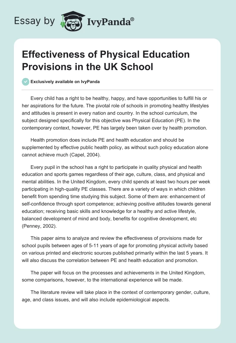 Effectiveness of Physical Education Provisions in the UK School. Page 1