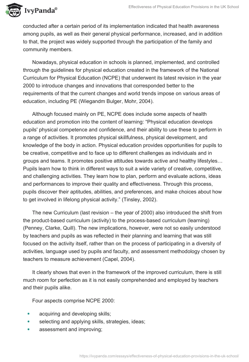 Effectiveness of Physical Education Provisions in the UK School. Page 4