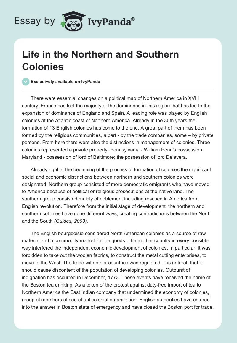 Life in the Northern and Southern Colonies. Page 1