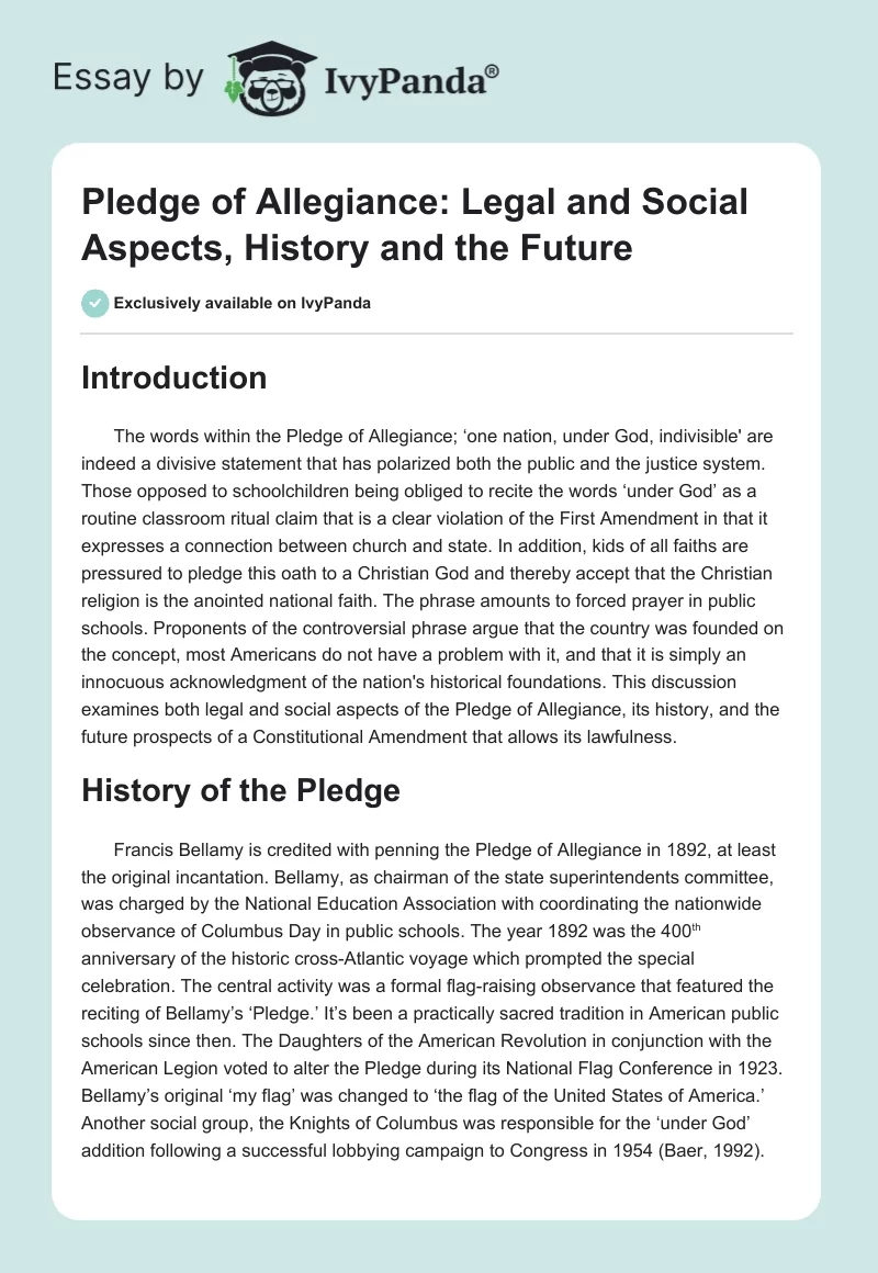 Pledge of Allegiance: Legal and Social Aspects, History and the Future. Page 1
