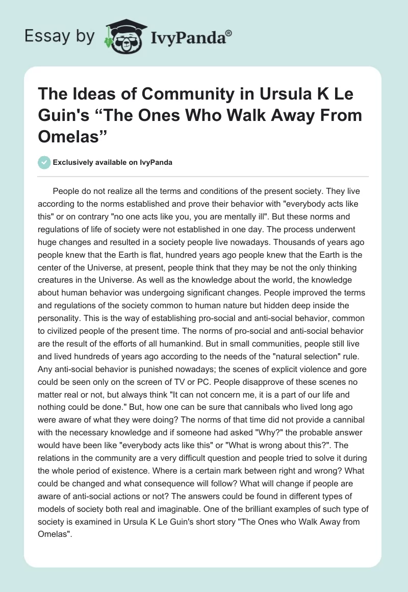 The Ideas of Community in Ursula K Le Guin's “The Ones Who Walk Away From Omelas”. Page 1