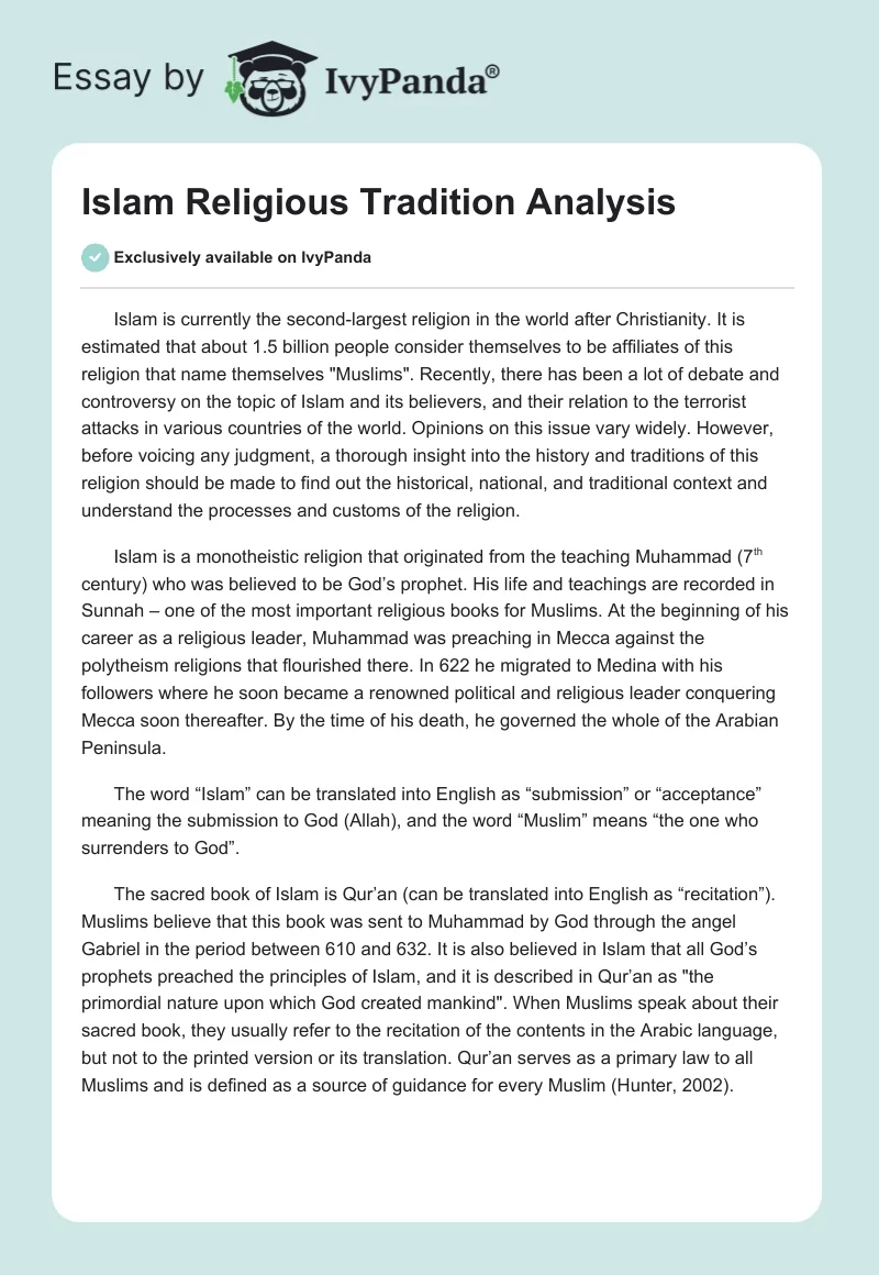 Islam Religious Tradition Analysis. Page 1