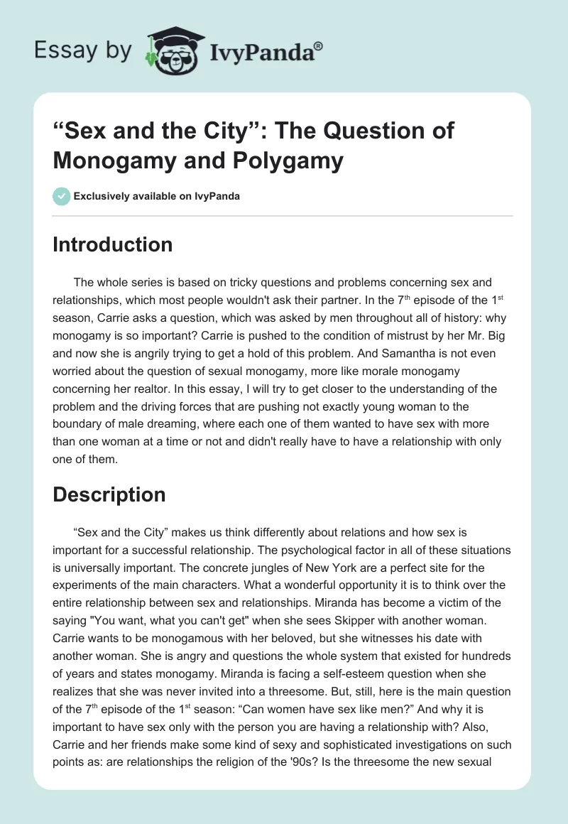 “Sex and the City”: The Question of Monogamy and Polygamy. Page 1