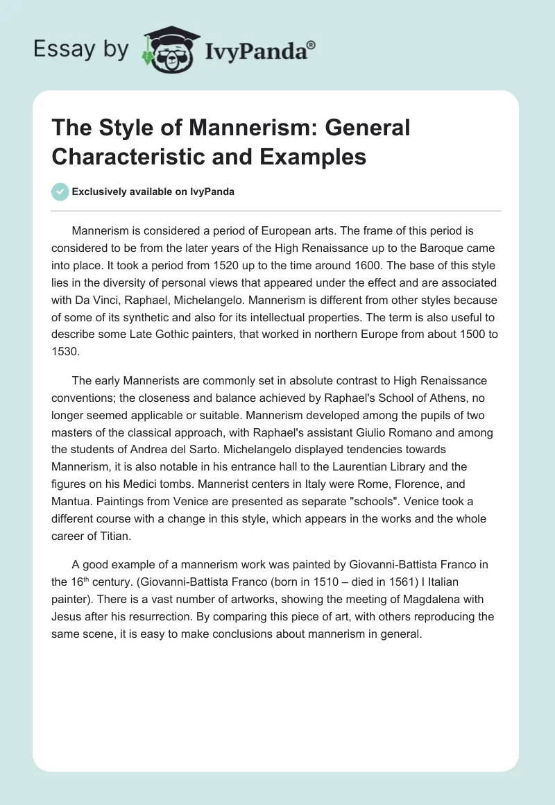 The Style of Mannerism: General Characteristic and Examples. Page 1