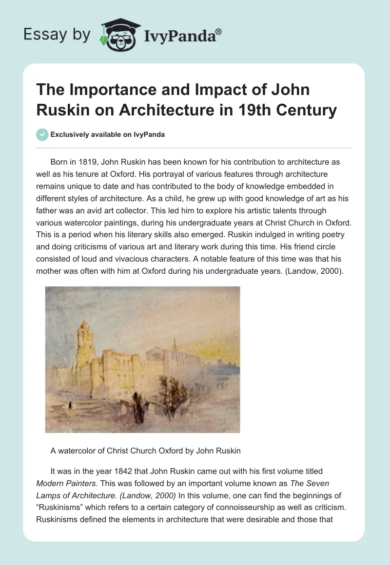 The Importance and Impact of John Ruskin on Architecture in 19th Century. Page 1