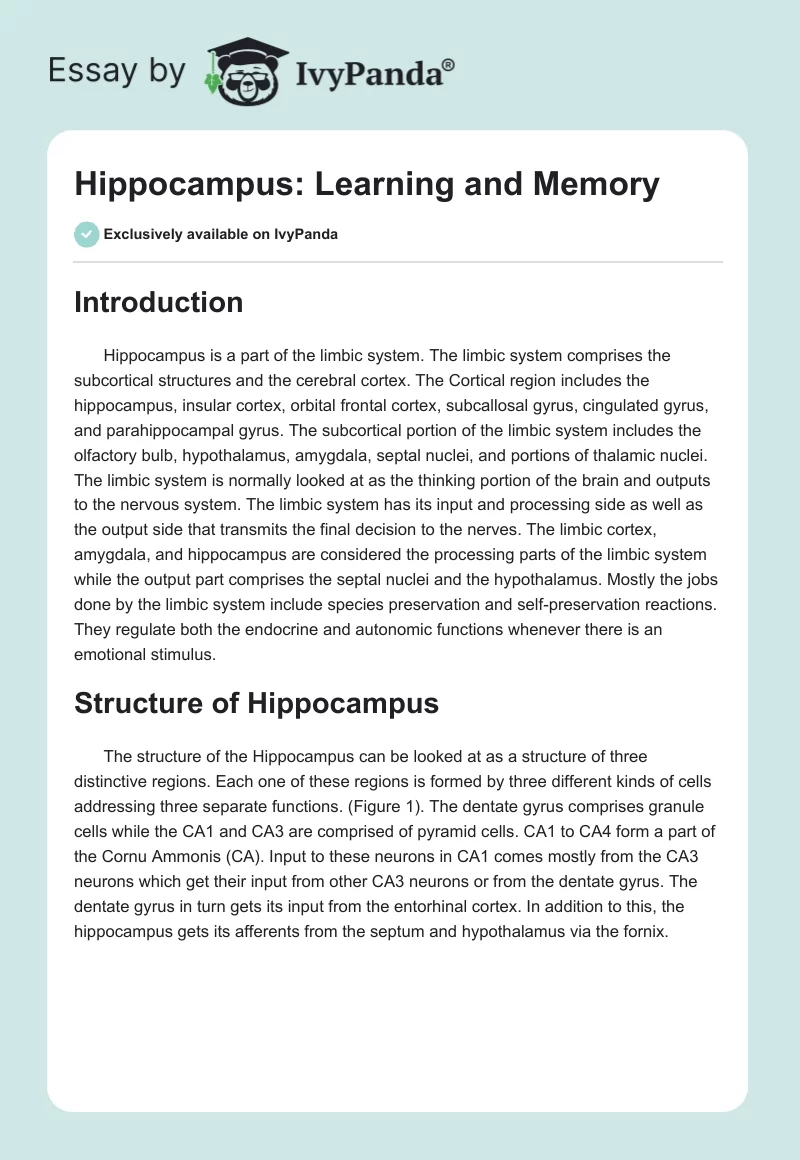 Hippocampus: Learning and Memory. Page 1