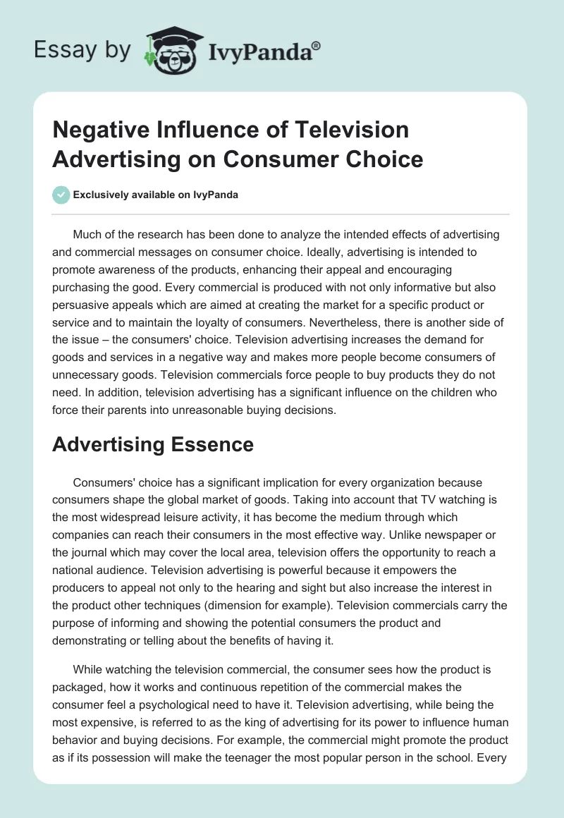 Negative Influence of Television Advertising on Consumer Choice. Page 1