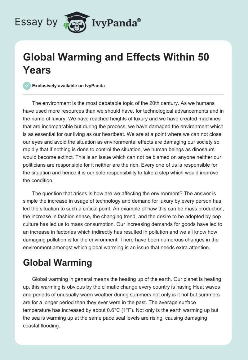 Global Warming and Effects Within 50 Years. Page 1