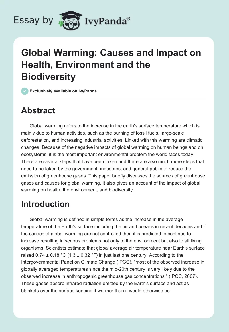 Global Warming: Causes and Impact on Health, Environment and the Biodiversity. Page 1
