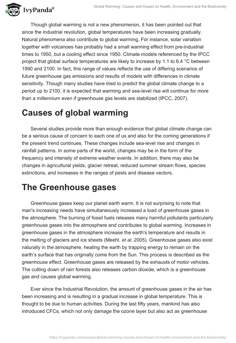Global Warming: Causes and Impact on Health, Environment and the Biodiversity. Page 2