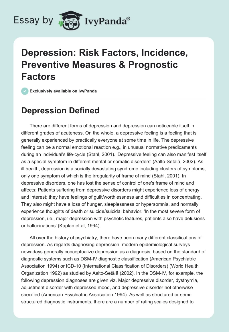 Depression: Risk Factors, Incidence, Preventive Measures & Prognostic Factors. Page 1