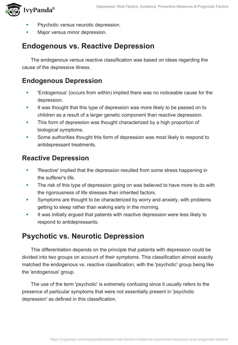 Depression: Risk Factors, Incidence, Preventive Measures & Prognostic Factors. Page 4
