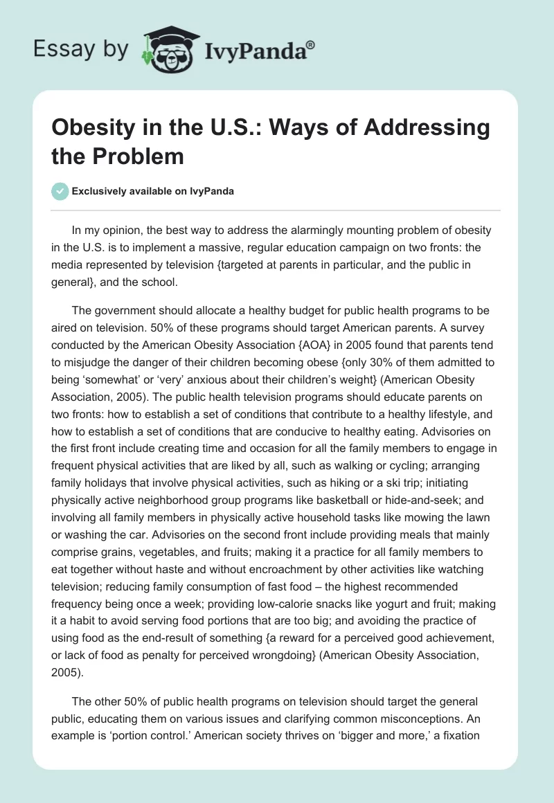 Obesity in the U.S.: Ways of Addressing the Problem. Page 1