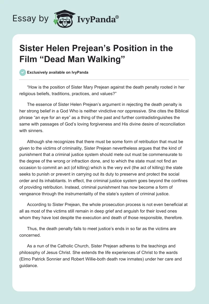 Sister Helen Prejean’s Position in the Film “Dead Man Walking”. Page 1