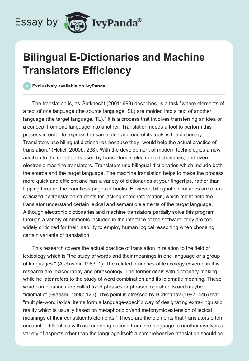 Bilingual E-Dictionaries and Machine Translators Efficiency. Page 1