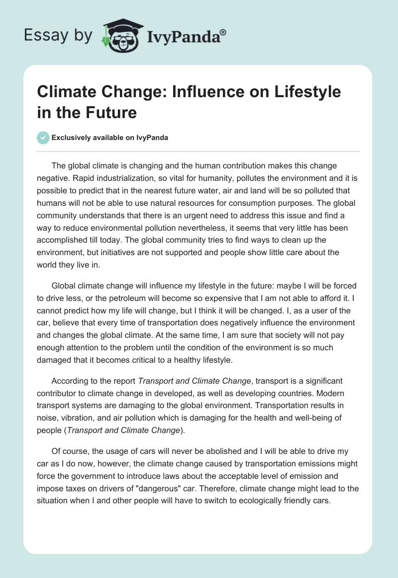 Climate Change: Influence on Lifestyle in the Future. Page 1