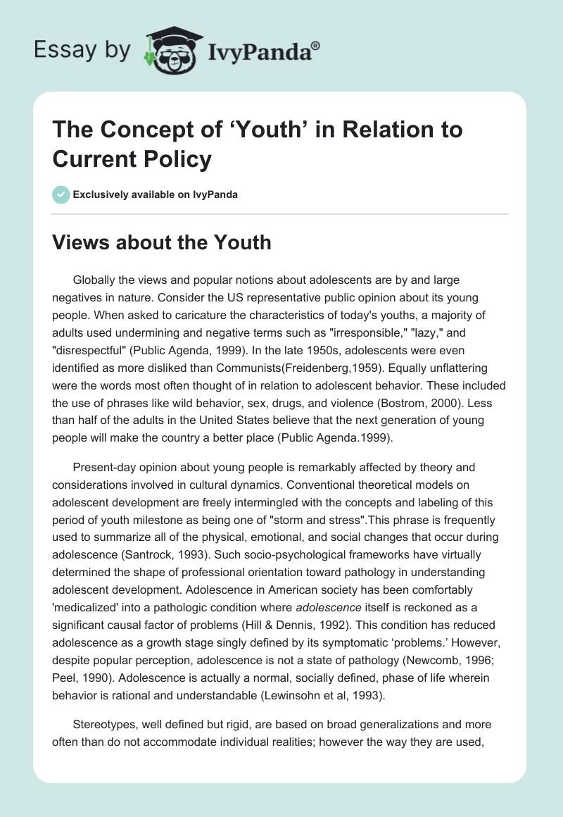 The Concept of ‘Youth’ in Relation to Current Policy. Page 1