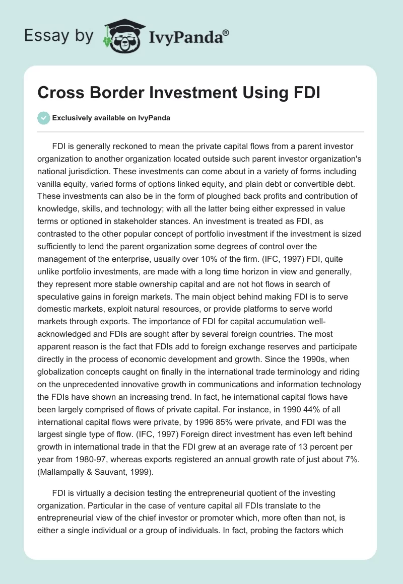 Cross Border Investment Using FDI. Page 1