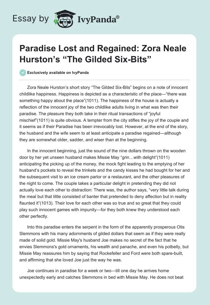 Paradise Lost and Regained: Zora Neale Hurston’s “The Gilded Six-Bits”. Page 1