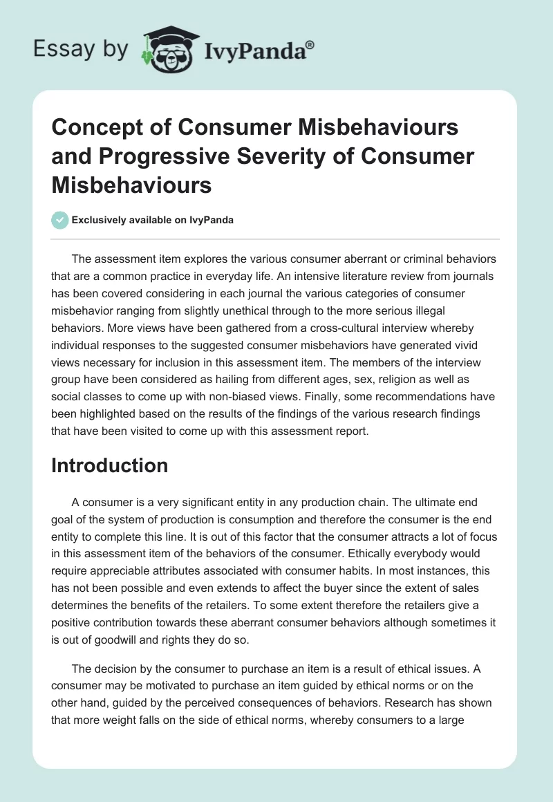 Concept of Consumer Misbehaviours and Progressive Severity of Consumer Misbehaviours. Page 1