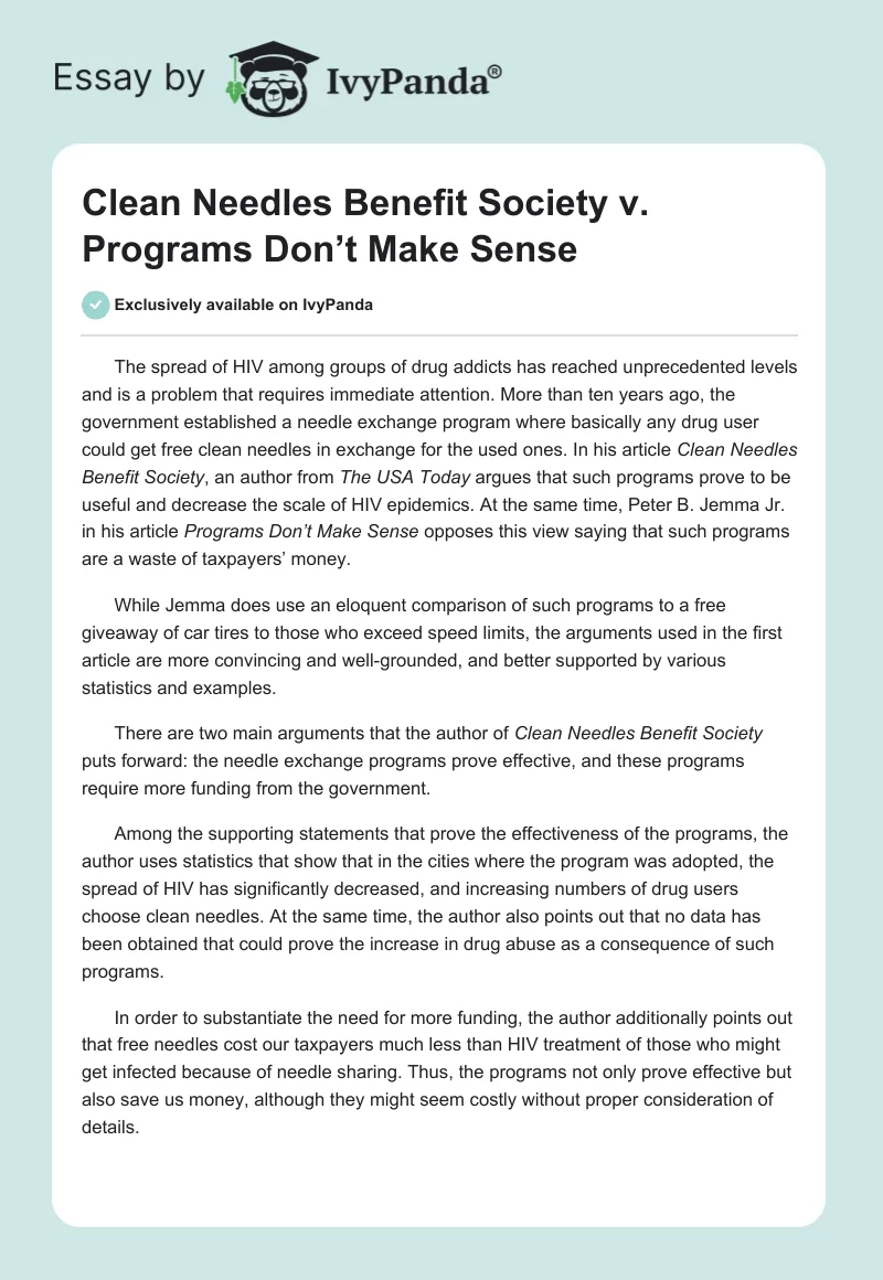 "Clean Needles Benefit Society" v. "Programs Don’t Make Sense". Page 1
