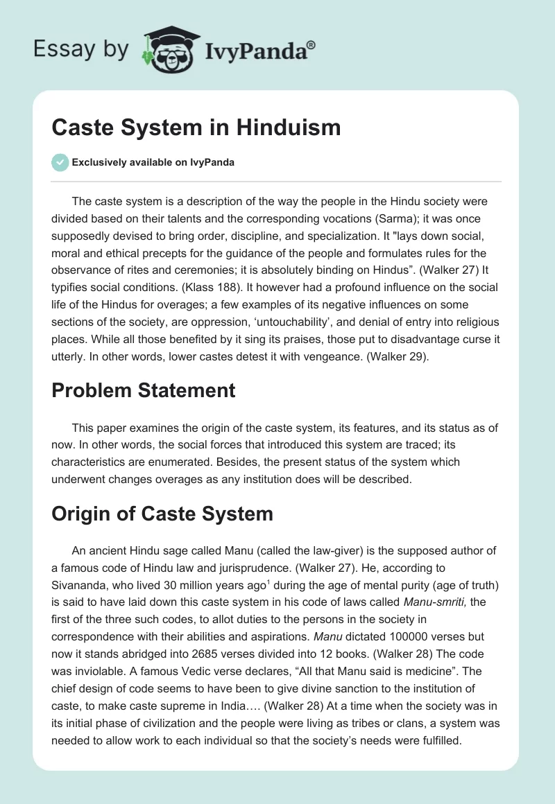 Caste System in Hinduism. Page 1