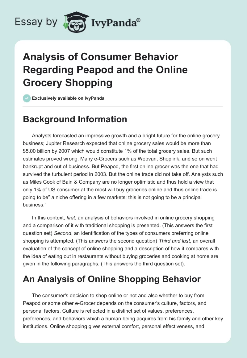 Analysis of Consumer Behavior Regarding Peapod and the Online Grocery Shopping. Page 1
