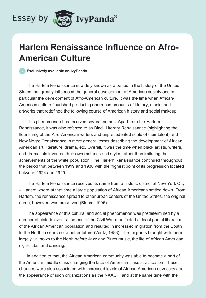 Harlem Renaissance Influence on Afro-American Culture. Page 1