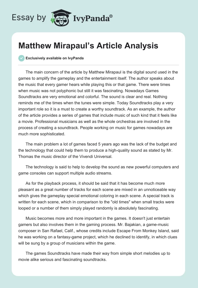 Matthew Mirapaul’s Article Analysis. Page 1