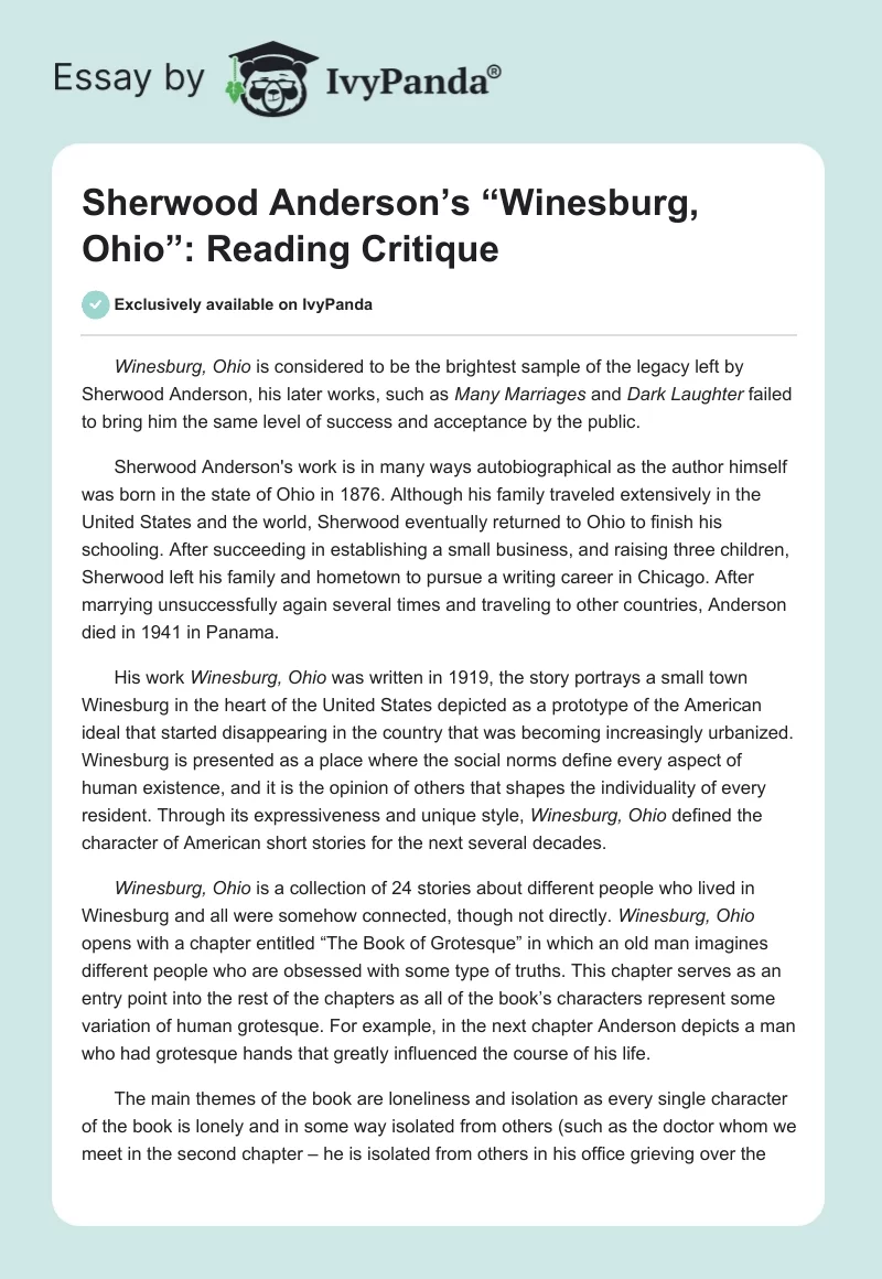 Sherwood Anderson’s “Winesburg, Ohio”: Reading Critique. Page 1
