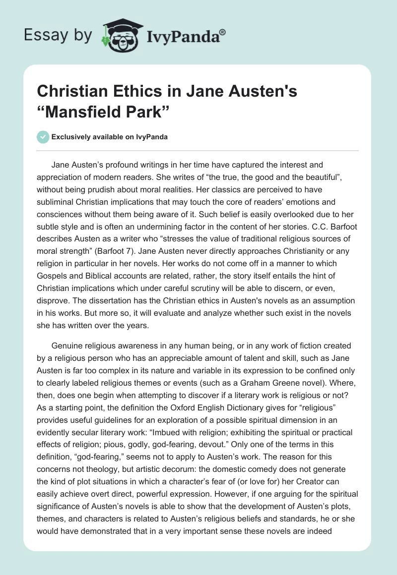 Christian Ethics in Jane Austen's “Mansfield Park”. Page 1