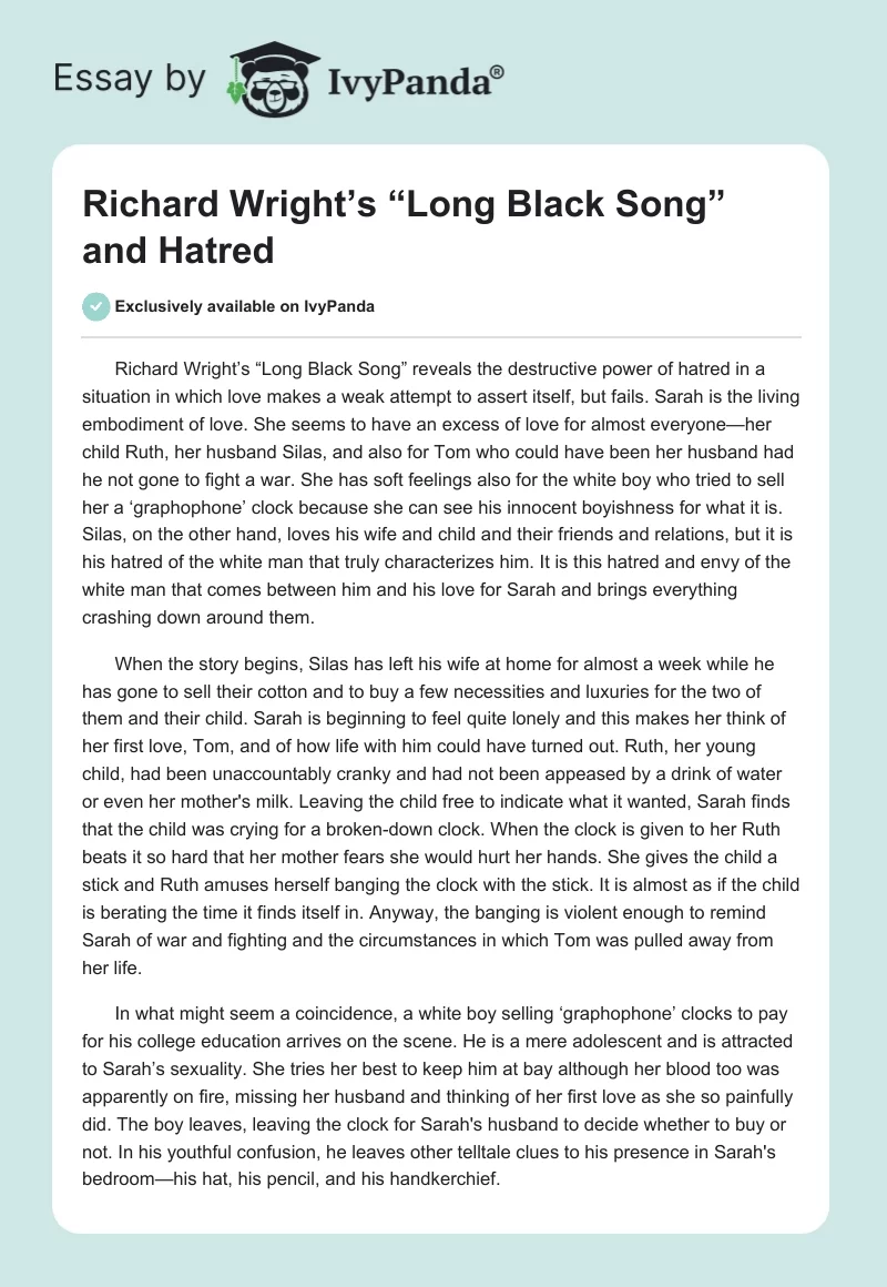 Richard Wright’s “Long Black Song” and Hatred. Page 1