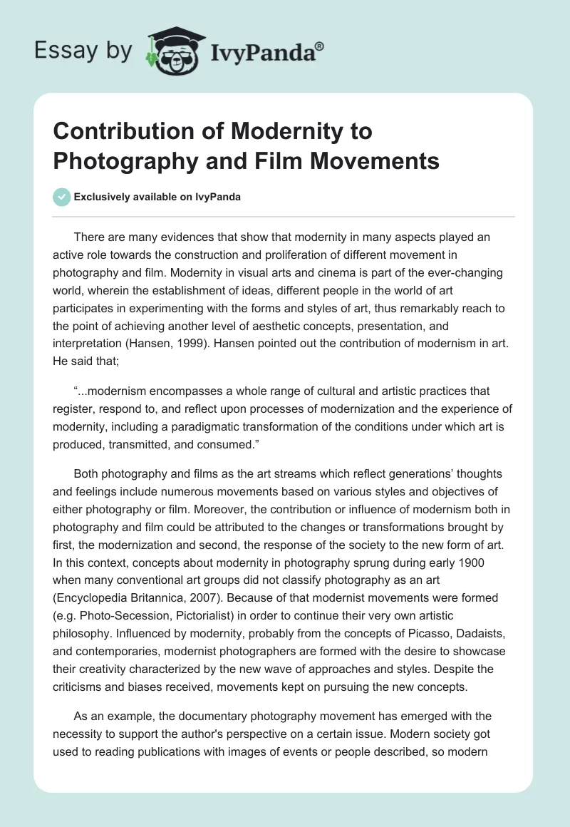 Contribution of Modernity to Photography and Film Movements. Page 1
